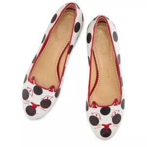 $570 New Charlotte Olympia White Polka Dot Leather Kitty Flats Shoes 40.5